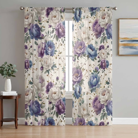 Farmhouse Flowers Sheer Curtains 72 Inch Length 2 Panels Set Window Treatments, Botanical Purple Blue Floral Plants Rod Pocket Semi Curtains for Living Room/Bedroom/Kitchen Décor, 104"W x 72"L