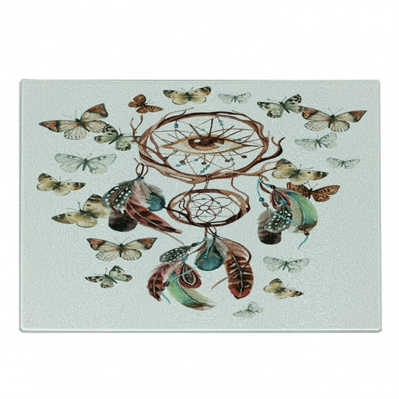 Feather Cutting Board, Dream Catcher with Butterflies and All Seeing Eye Watercolor Style, Decorative Tempered Glass Cutting and Serving Board, Small Size, Multicolor, by Ambesonne