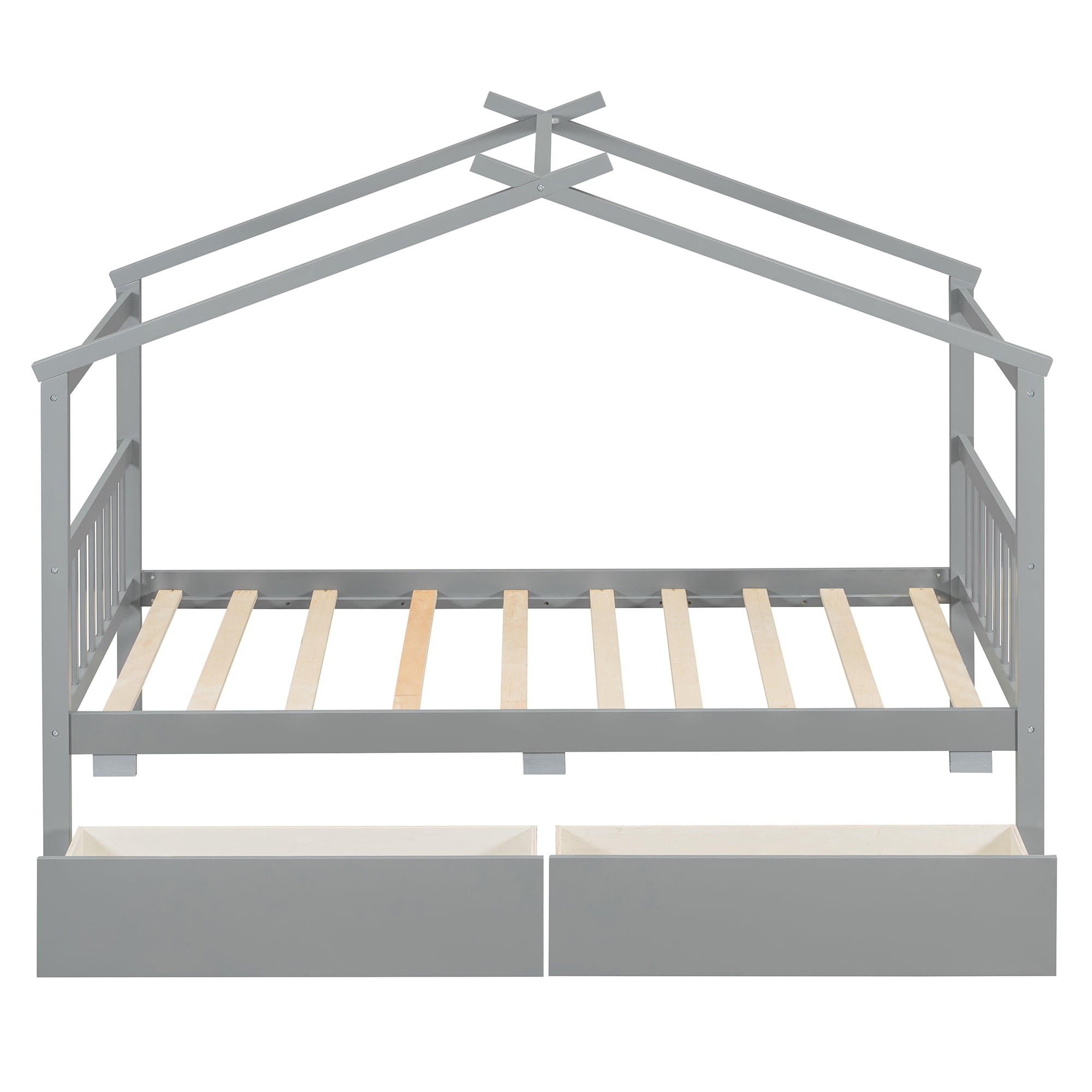 Aukfa Twin Size House Bed with Two Storage Drawers for Kids, Solid Wood Montessori Bed Frame, Gray