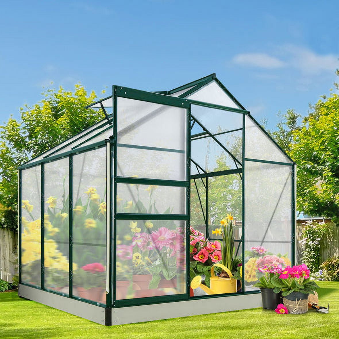 EAGLE PEAK 6x6x7 Outdoor Walk-in Hobby Greenhouse, Polycarbonate Aluminum Greenhouse with Adjustable Roof Vent and Rain Gutter, Base and Anchor, Dark Green