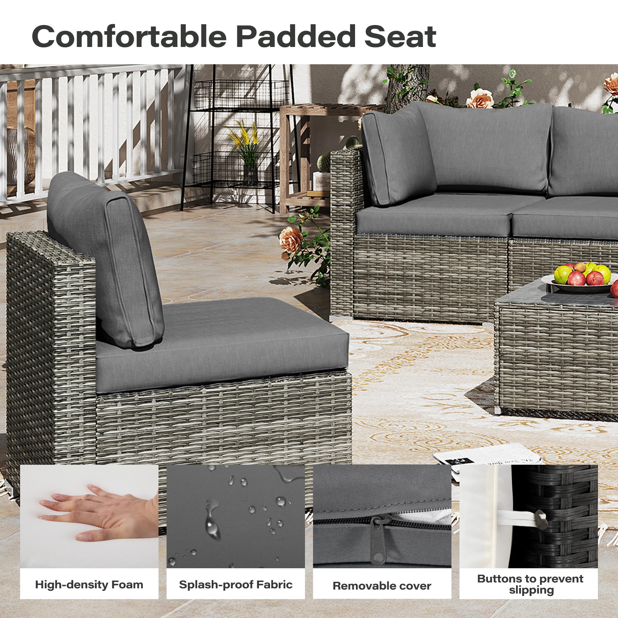 LAUSAINT HOME 7 Pieces Outdoor Furniture Set, Patio Sectional Conversation Set with 6 Chairs and 1 Coffee Table, Gray Cushions