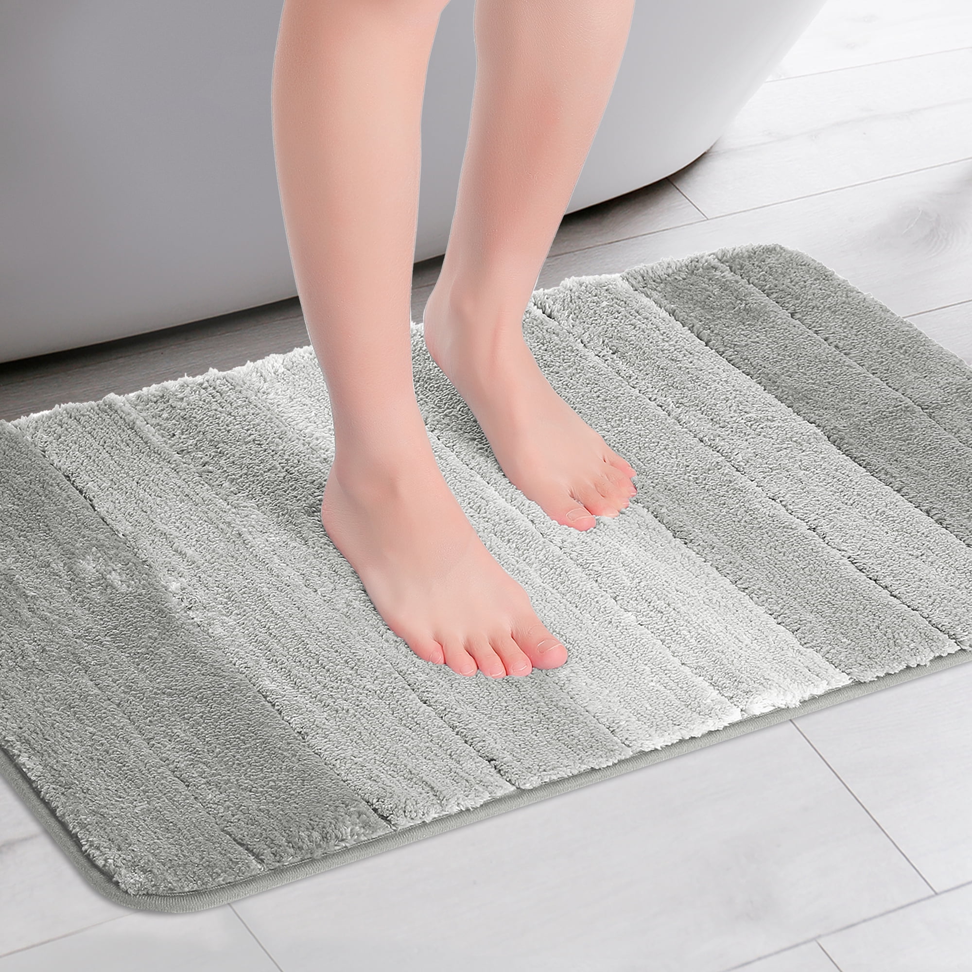 Unique Bargains Plush Gradient Striped Bath Rugs Microfiber Shaggy Mat with TPR Backing Grey 20" x 32"