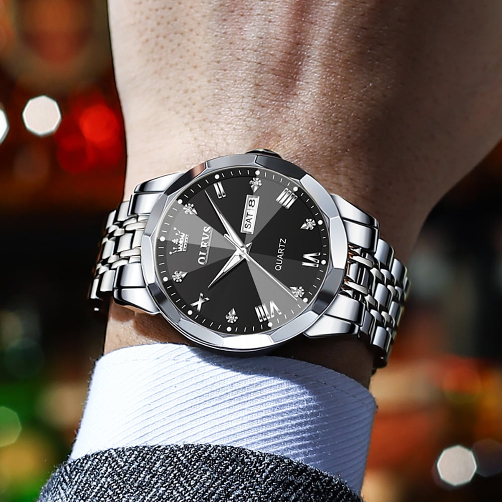 OLEVS Watches for men Diamond Business Dress Luxury Casual Analog Quartz Stainless Steel Waterproof Luminous Date Men Wrist Watches reloj para hombre Black Dial