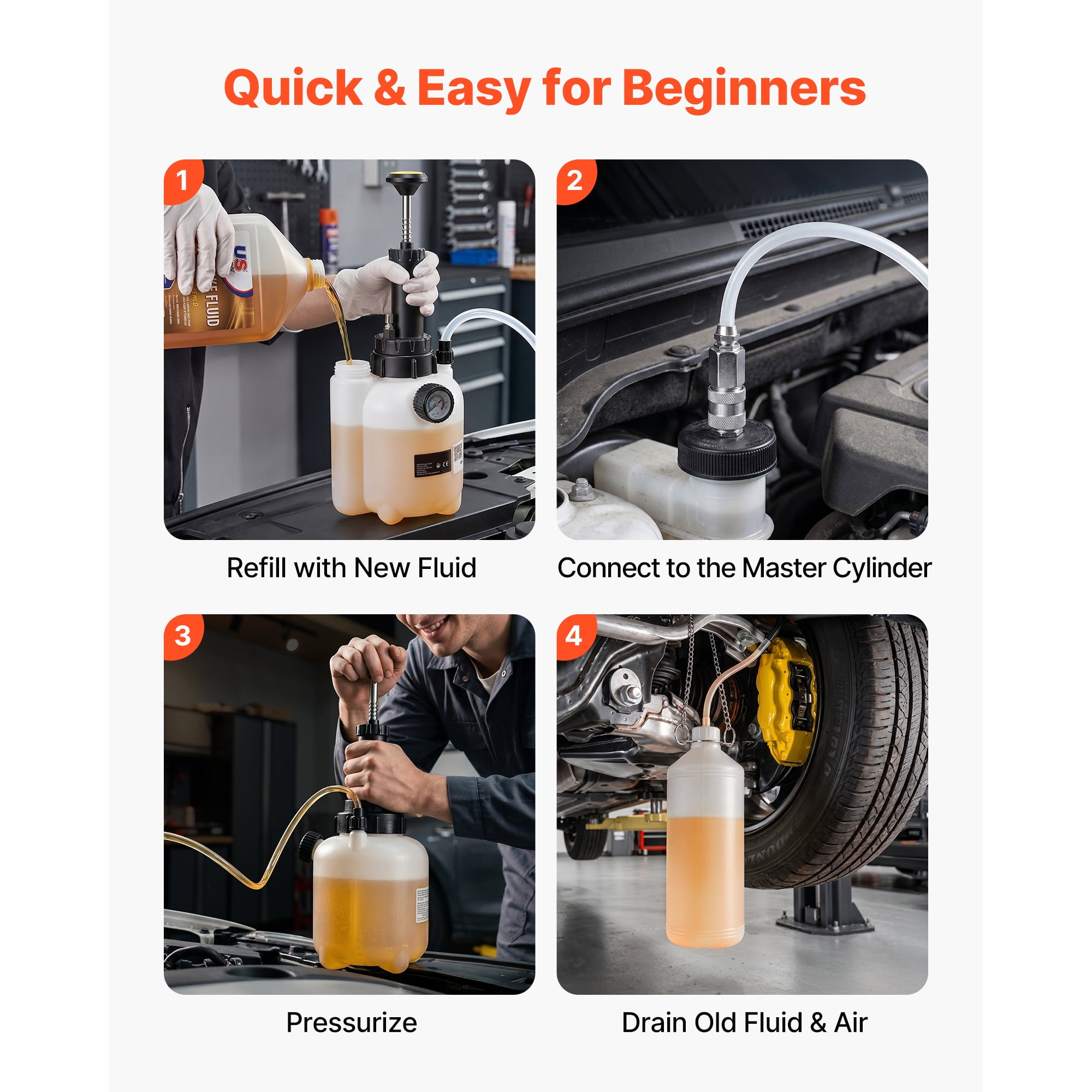 KFFKFF 3L Manual Brake Bleeder Kit with 1L Waste Bottle & 5 Cylinder Adapters, Single-Person Brake Fluid Pressure Bleeder for Various Vehicles
