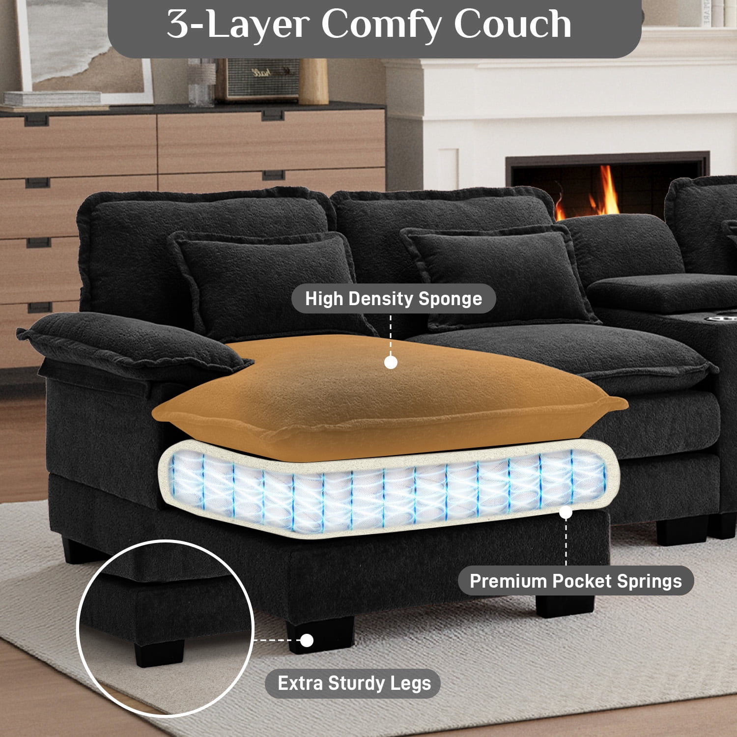 Wiilayok 133" U Shaped Cloud Couch Modular Sectional Couches for Living Room Fluffy Chenille Deep Seat Sofa Set w/ Double Chaise Lounge, Storage Central Console, Cup Holders, USB Port,Midnight Black