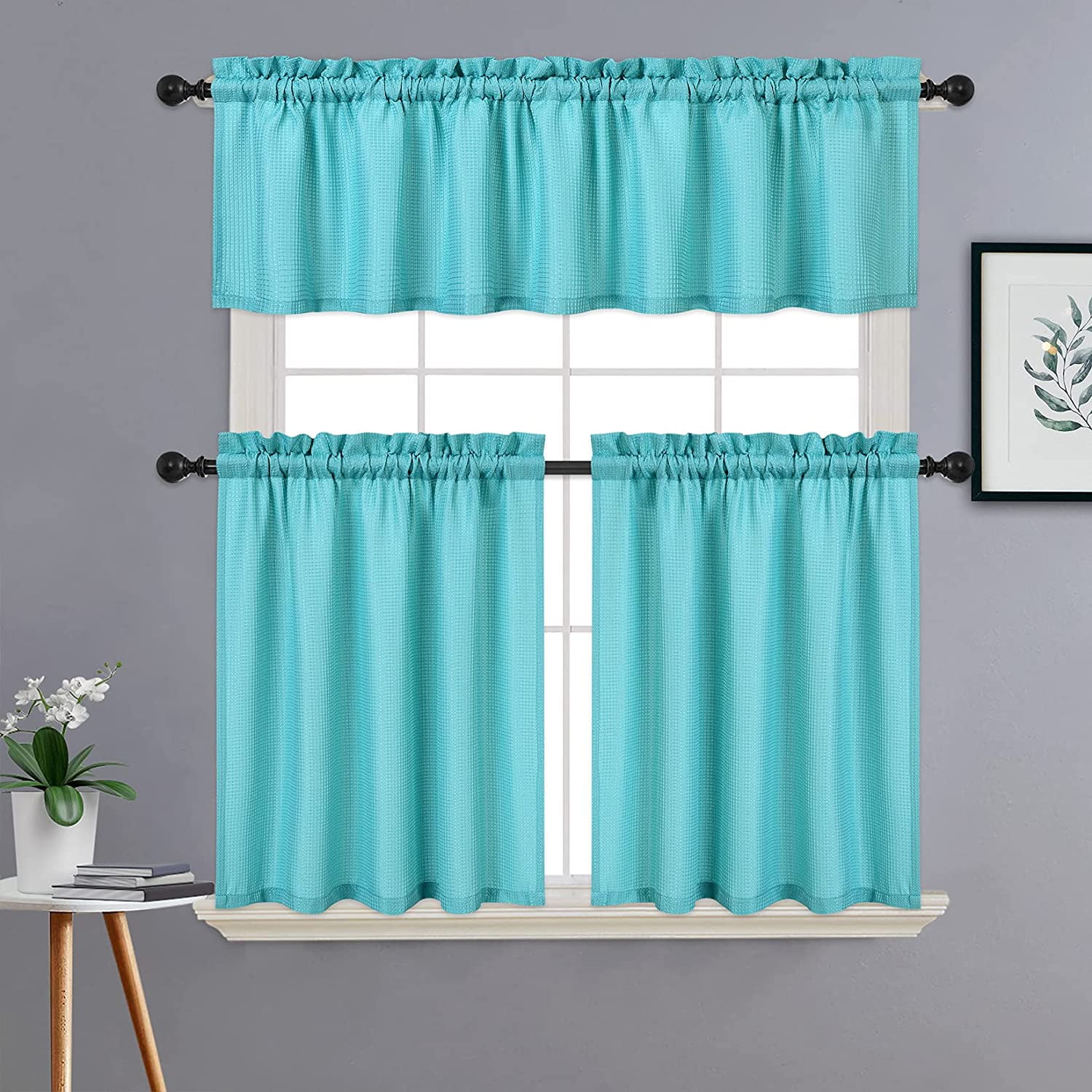 3 Pieces Window Curtains and Valance Set, Rod Pocket Waffle Woven