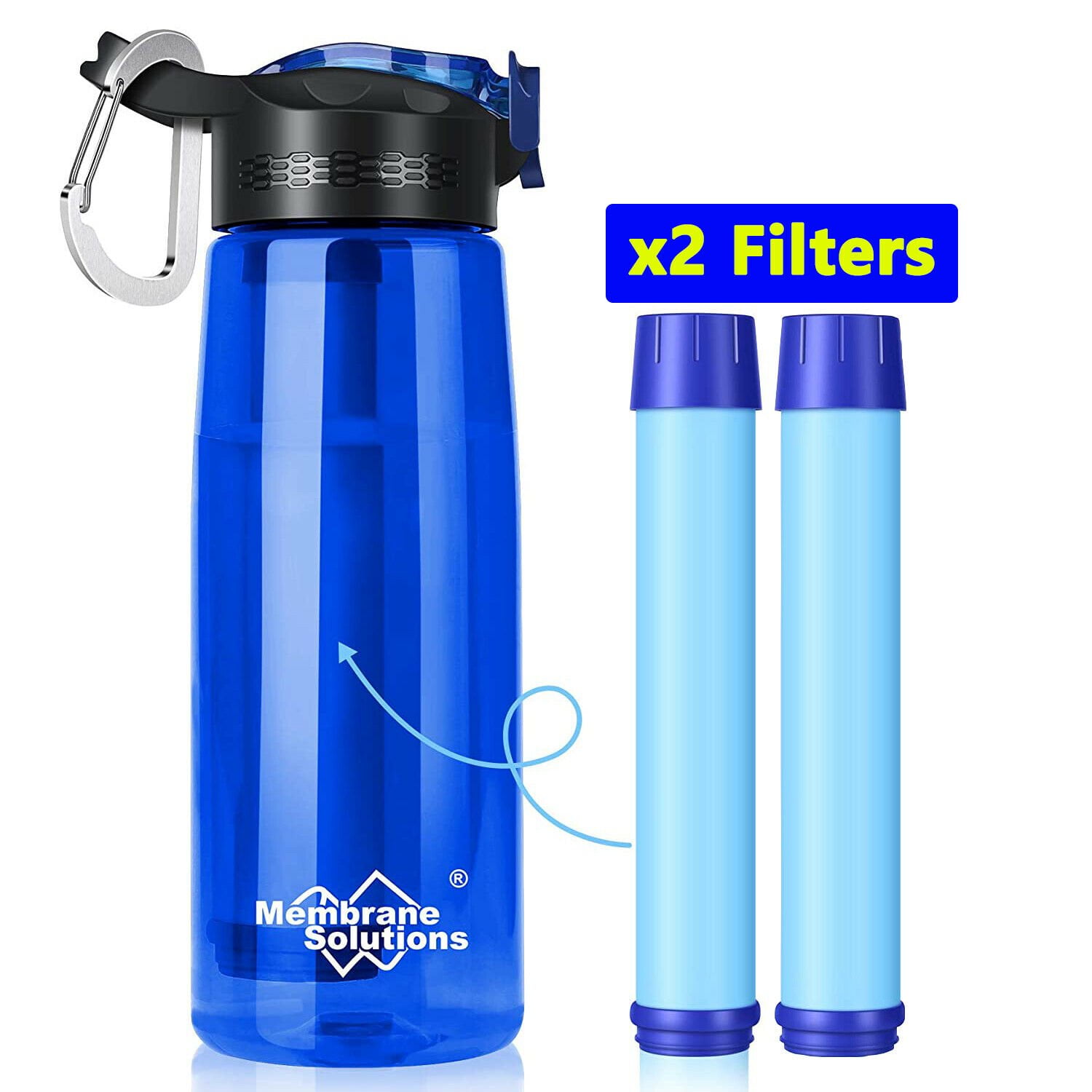 Membrane Solutions 22oz Water Bottle with Filter, BPA Free Portable Water Bottle with 2 Pack 4-Stage Integrated Filter Straw, Blue
