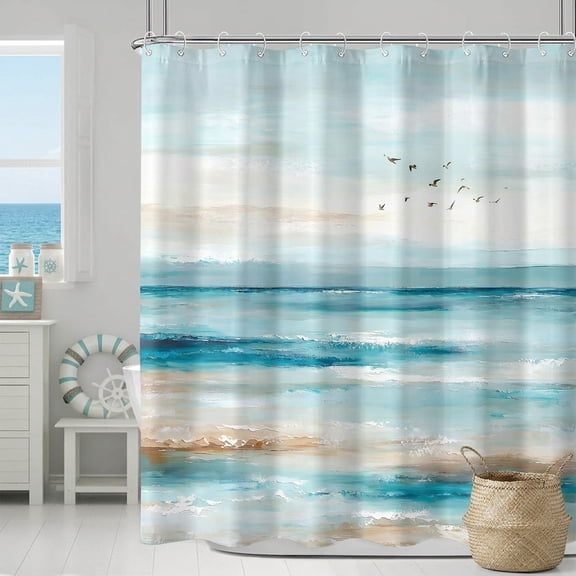 Blue Beige Abstract Beach Fabric Shower Curtain, 72"W x 72"L, Pack of 1