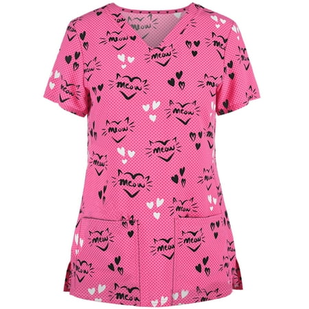 

Women s Scrubs Top with Pocket V-Neck Cartoon Printed Casual Short Sleeve Working Uniform Top Nurses Tunic Uniform Clinic Carer V-Neck Protective Clothing Tops Pink M