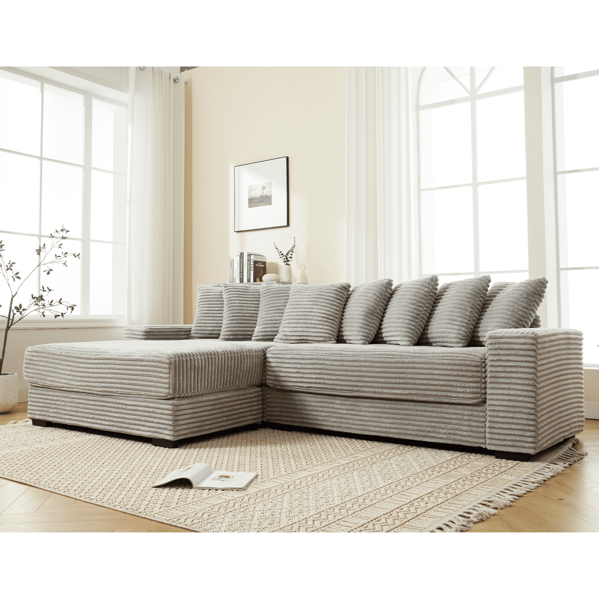 AISWORD 111" Oversized 3-Seat L-Shaped Sectional Sofa with Left Chaise, Luxury Corduroy Fabric Modular Couch with 8 Throw Pillows, Easy Assembly for Living Room