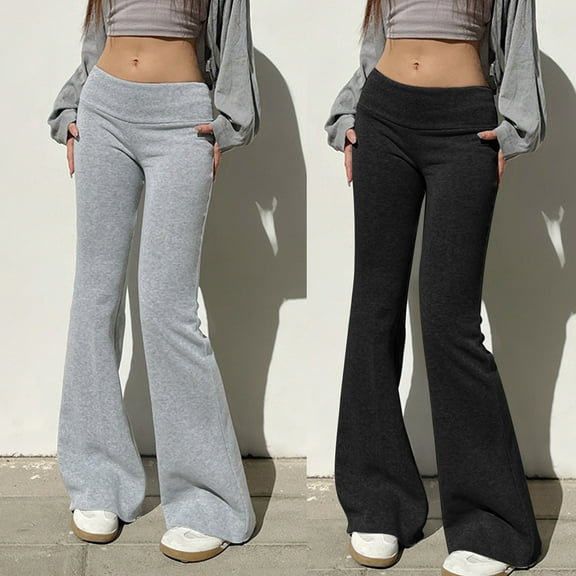 FRSASU Women's Flare Leggings Solid Color Thin Velvet High Waisted Versatile Pants Athletic Casual Slim Fit Length Pants Gray