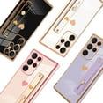 thumbnail image 5 of Designed for Samsung Galaxy S23 Ultra Case with Strap Luxury Love Heart Plating Gold Bumper Phone Cover Wristband Kickstand Full Body Protective Slim Case for Women-Purple, 5 of 12