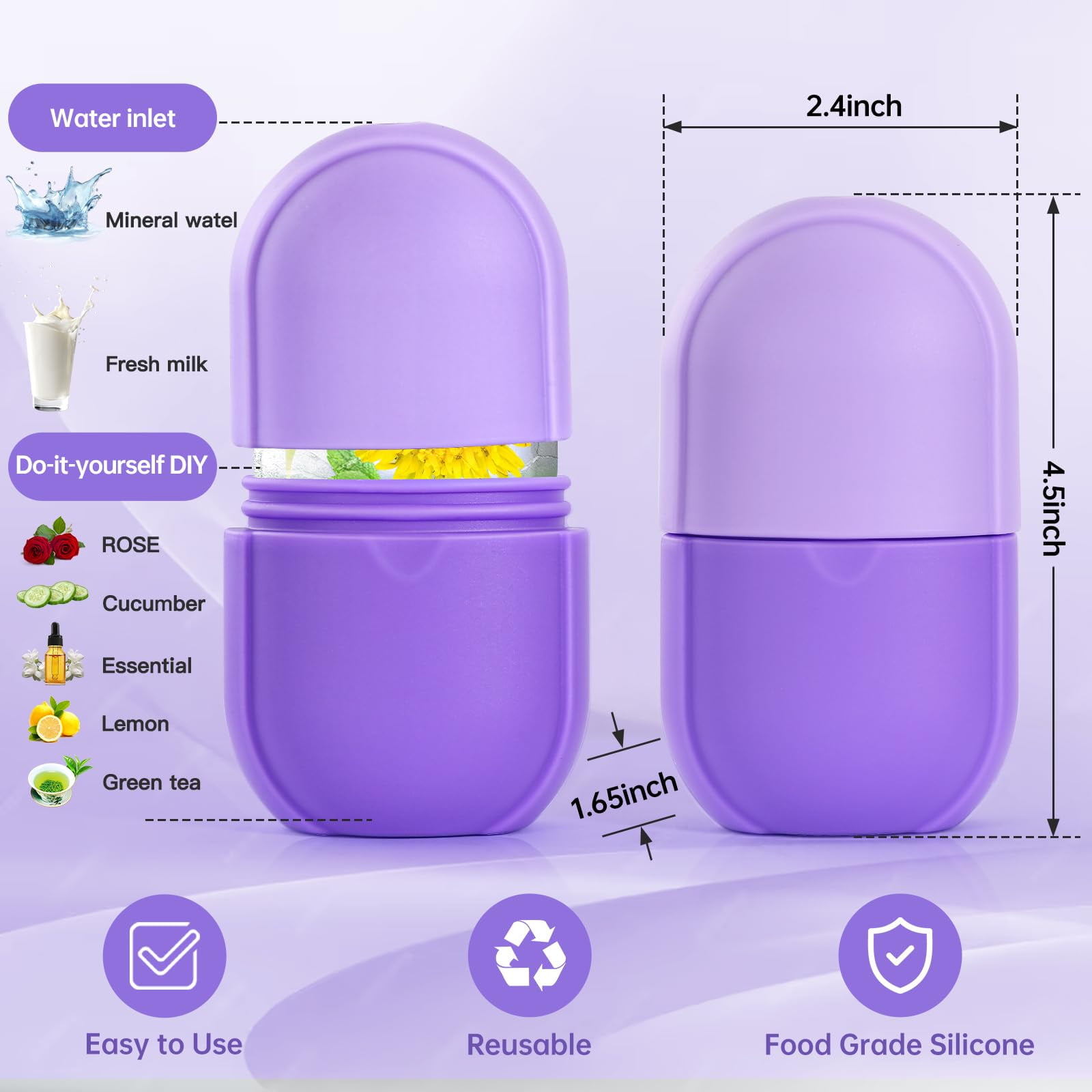 Ice Roller for Face and Eye, Upgrated Skin Care Tools, Ice Facial Cube, Gua Sha Face Massage, Silicone Ice Mold for Face Beauty (Purple)2pcs