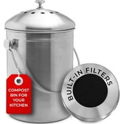 Epica Countertop Compost Bin with Lid, Odorless Composting Bin with Carbon Filters, 1.3 Gallon, Silver