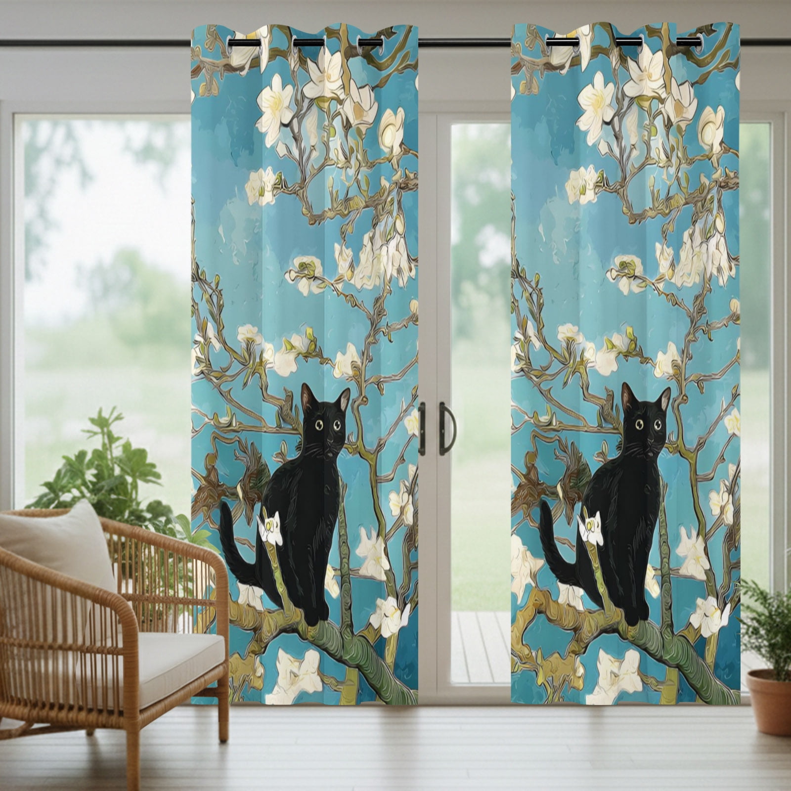 Funny Black Cat Outdoor Curtains for Patio, Blossom White Floral Branches Vintage Sunshade Privacy Drapes Grommet Waterproof Outside Curtains for Porch/Cabana/Balcony 54"x 95", 2 Panel