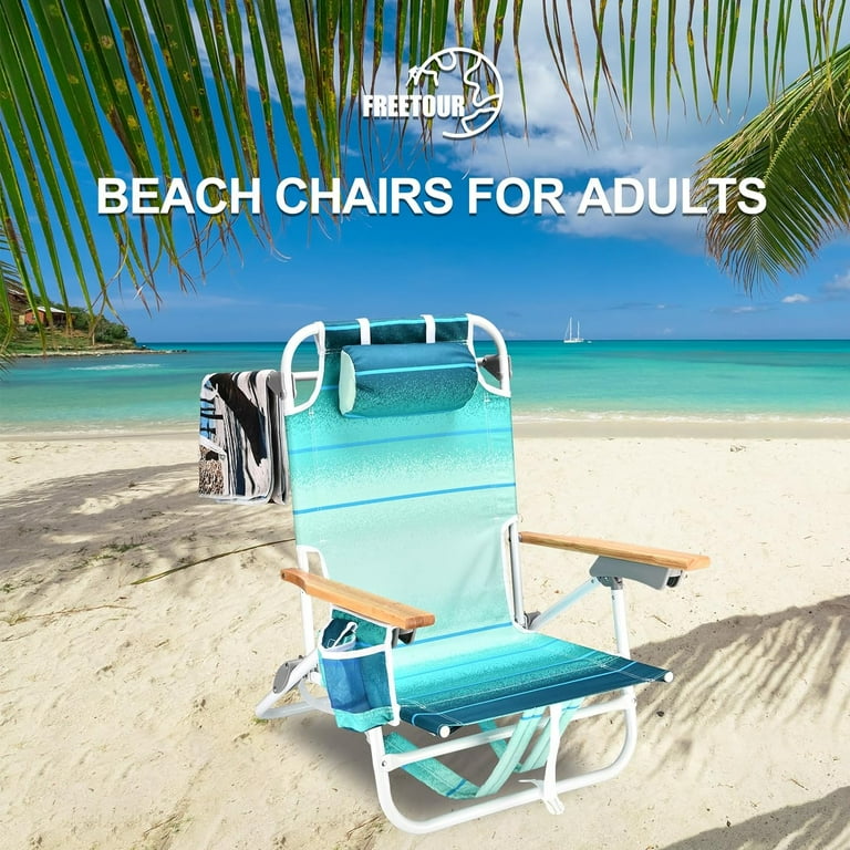Backpack Beach Chairs for Adults Capacity 300 Lb Low 5 Position Beach Chair with Pouch Straps Folding Lightweight Reclining Aluminum Wide Lay Flat