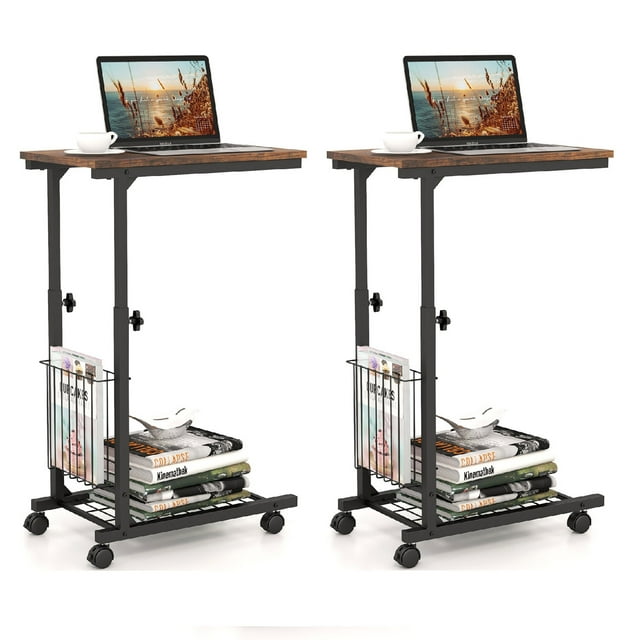Gymax Ensemble de 2 Tables d'Appoint en Forme de C Hauteur Réglable Table de Bout Compacte avec Roues Brun Rustique