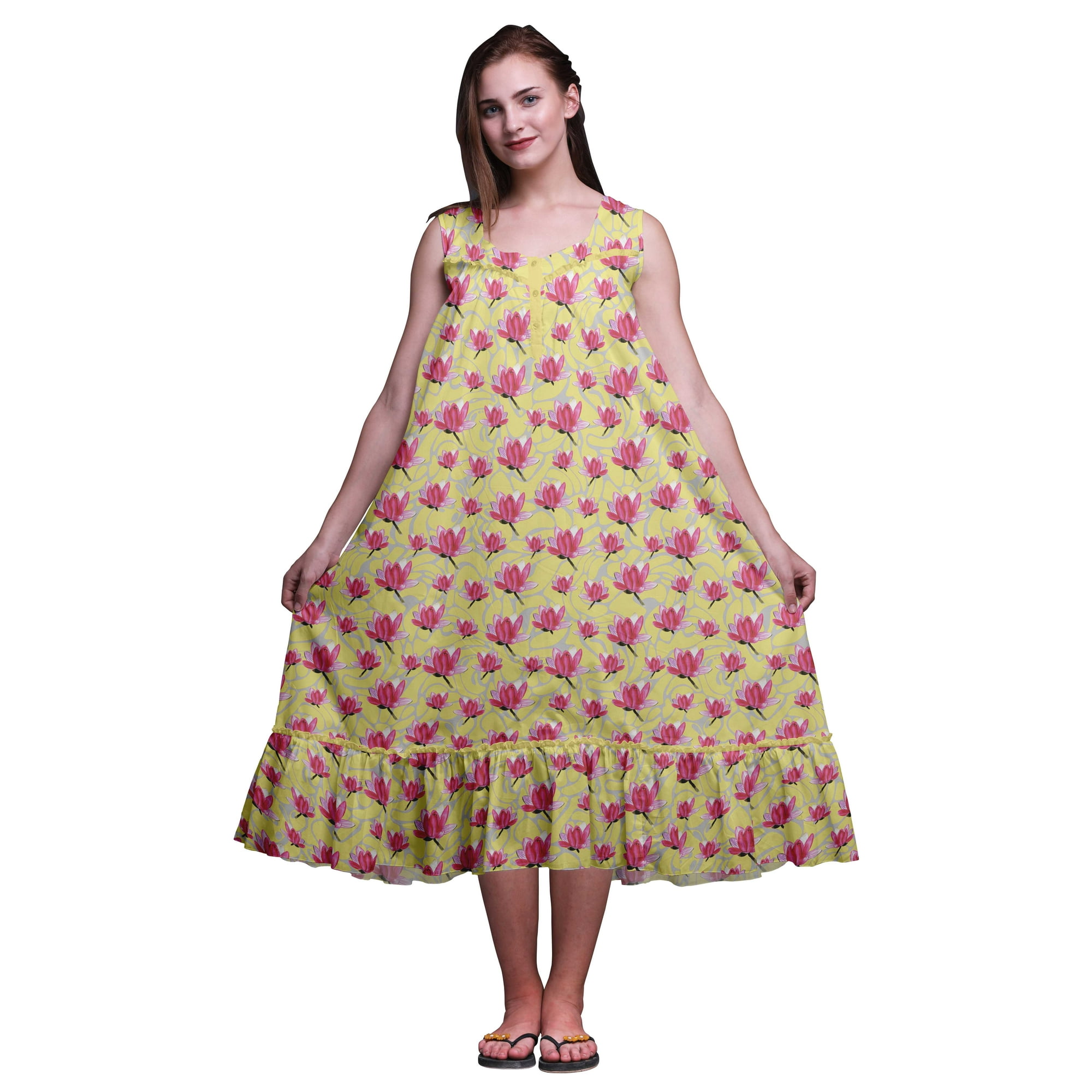 Bimba Medium Yellow11 Floral Lotus Printed Cotton Nightgowns For Women Sleeveless Gown Sleepwear Maxi Dress XXX-Large