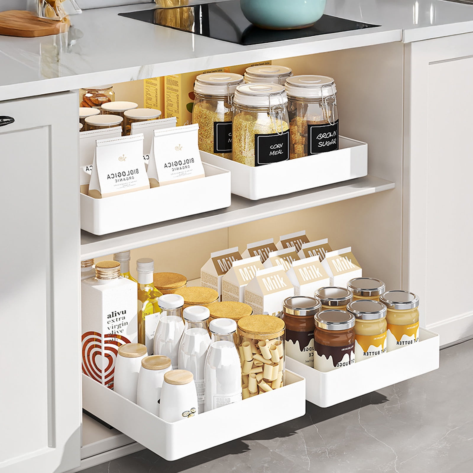 3PCS Pull Out Cabinet Organizer Adhesive with Nano Film,Slide Out Drawers Adhesive Heavy Duty Storage Drawer Shelf with 3PCS Divider Racks for Kitchen Pantry Bathroom Home
