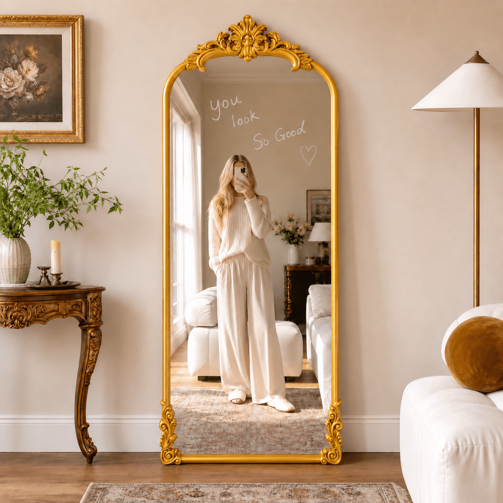 VORENTA 69"x28" Vintage Floor Mirror Arched Full Length Mirror Baroque Carved Wall Mounted Decor Traditional Ornate Mirror with Stand, Gold