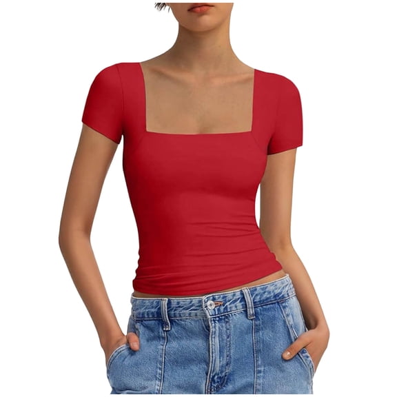 Htigea Women's Square Neck Crop Tops Short Sleeve Slim Fitted Summer Basic T Shirts for Going Out Red S