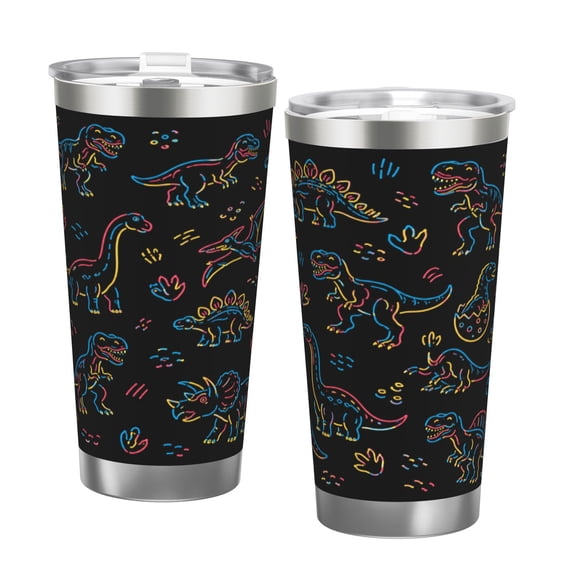 20oz Neon Dinosaur Tumbler with Handle and Straw Colorful Dino Pattern Stainless Steel Insulated Travel Coffee Cup Gift with Double Silver Rim