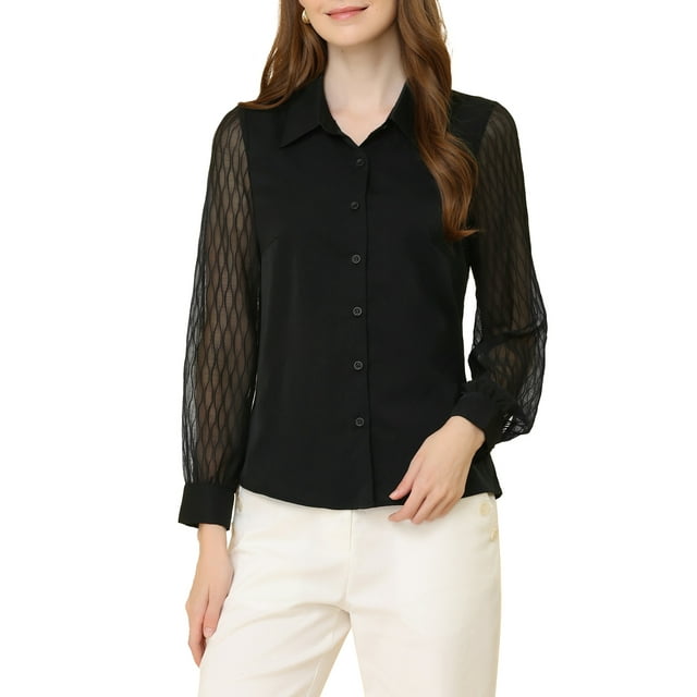 INSPIRE CHIC Women's Chiffon Textured Sheer Sleeve Button Down Work Shirt M Black