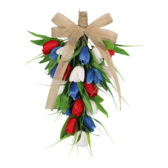 Qocolhg Patriotic Swag 4th of July Wreaths for Front Door, July 4th Blue Red and White Artificial Tulips Teardrop Wreaths, Patriotic Wreath Independence Day Wreath Memorial Day Home Decor Clearance