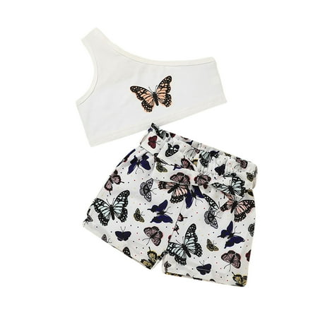 

LBECLEY Girls Thanksgiving Outfit Baby Girl s Clothes Printed Sloping Shoulder Casual Tops+Butterflies Print Bowknot Shorts 2Pcs Sleepwear Outfits Set Summer Girls Clothes White 90\3Y