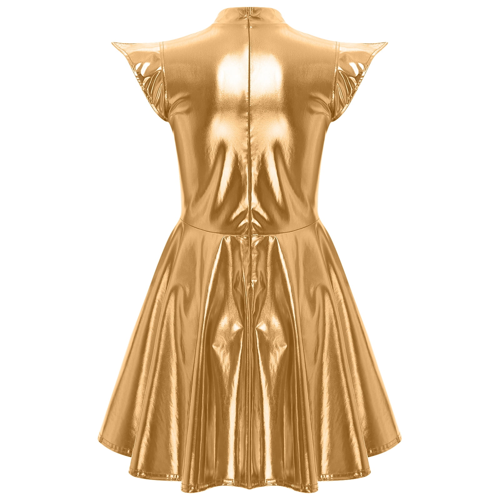 TiaoBug Women's Metallic Sleeveless Club Disco Holographic Dress Wet Look Pleated Dresses Gold XL