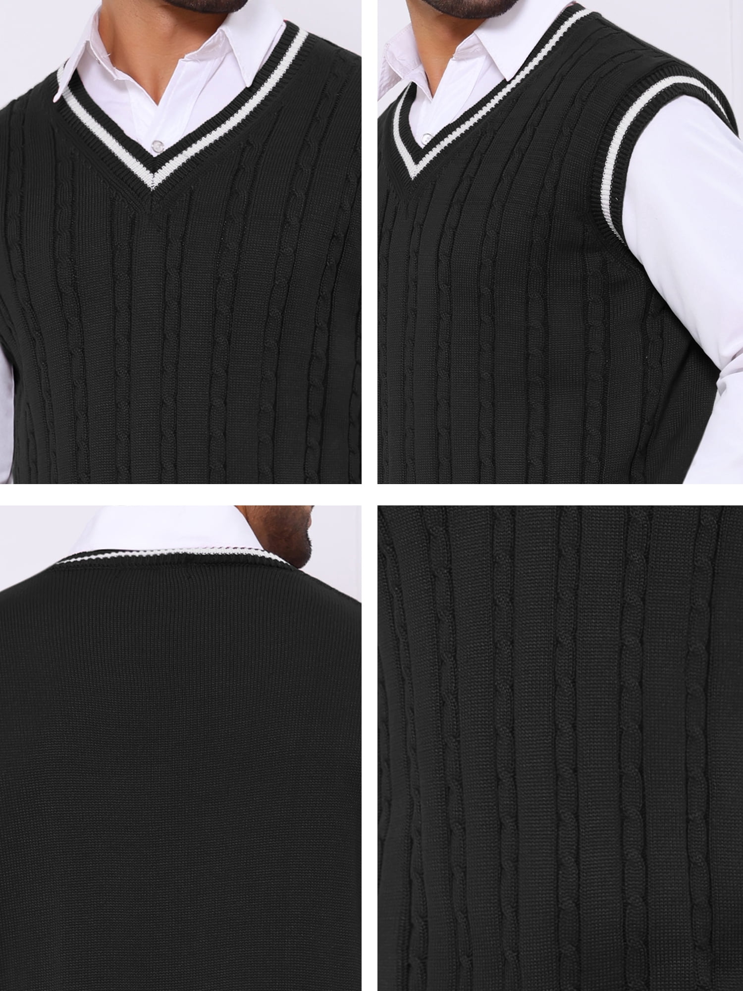 DARING DIVA Men's Solid Color V-Neck Sleeveless Cable Knitted Sweater Vest M Black