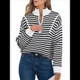 thumbnail image 3 of Suéter de Punto Acanalado de Larga con Media Cremallera A Rayas para Mujer, Tops Casuales, Cómodos y Ligeros, Moda de Otoño Negro L, 3 of 8