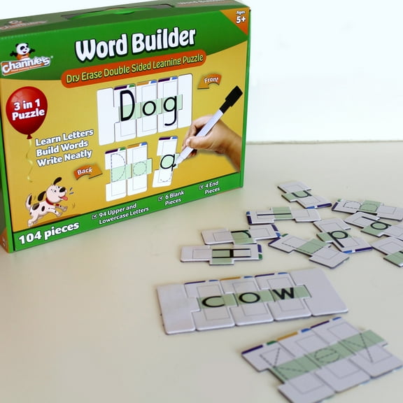 Channie's Word Building Dry Erase Double Sided Puzzle, Includes Dry Erase Marker for Pre-K-1st Grades