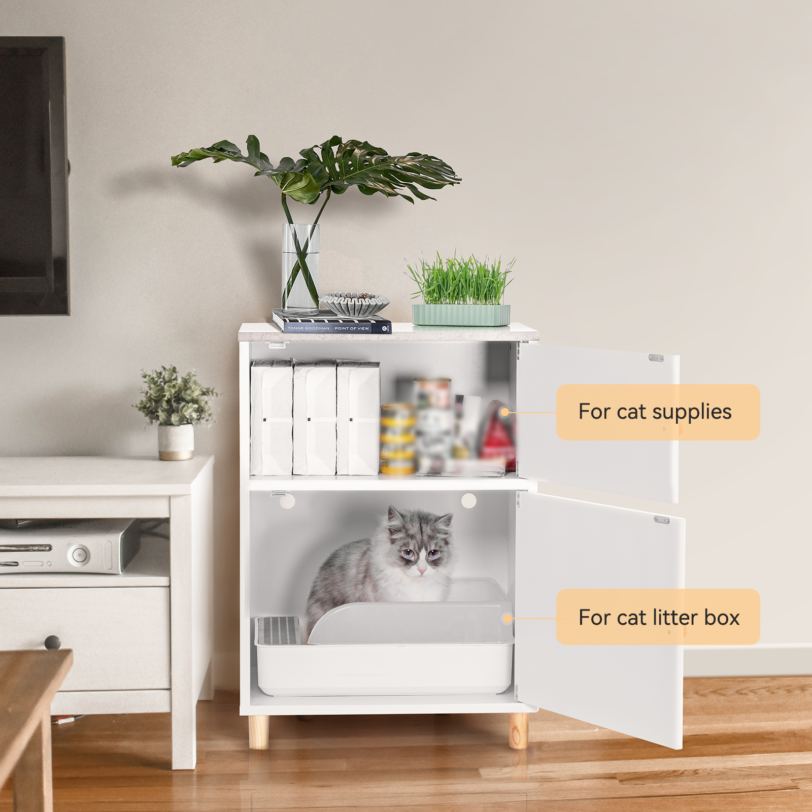 PETSFIT Cat Litter Box Enclosure, Odor-Free Design, Storage Cabinet, Easy-Clean, and Stylish Hidden Cat Litter Box Furniture White