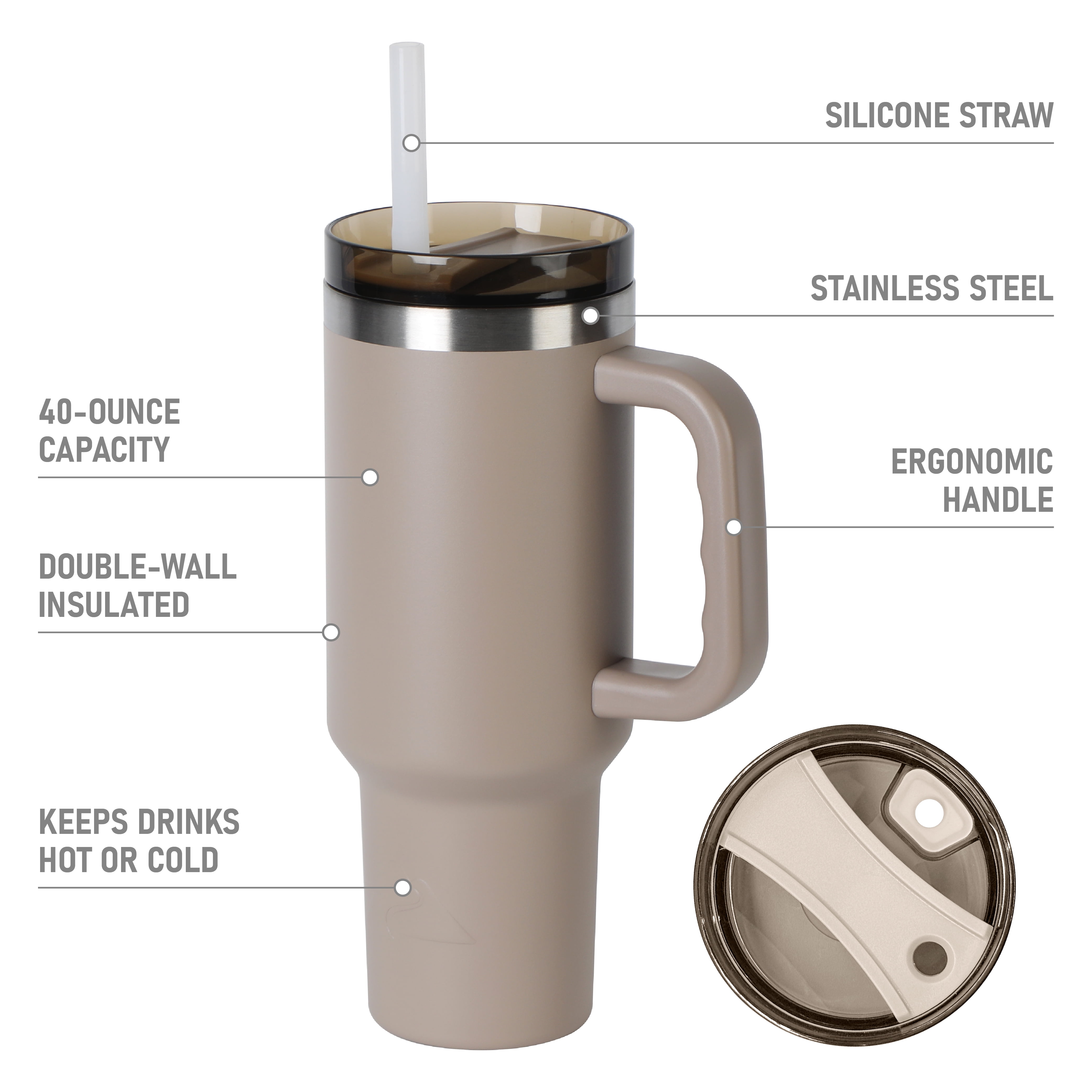 Ozark Trail 40 oz Stainless Steel Insulated Tumbler with Handle, Tan
