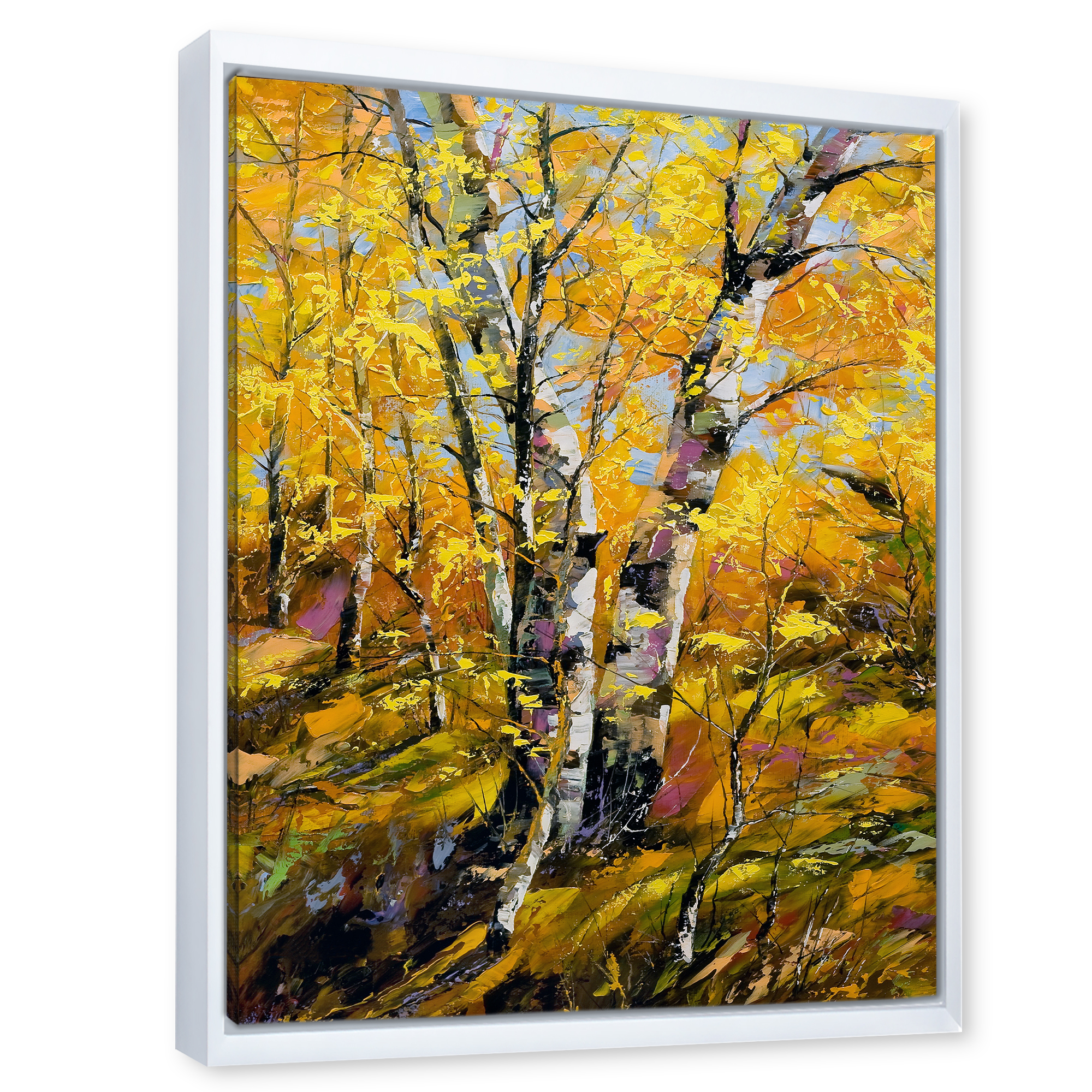 Birches In Yellow Autumn Wood Forest 24 in x 32 in Framed Painting Canvas Art Print, by Designart