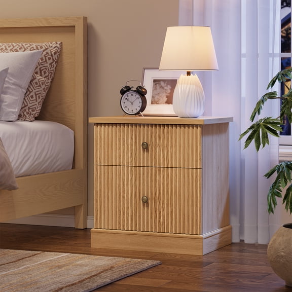 COZONY Fluted Nightstand with Drawers, Mid-Century Modern Brown Bedside Table with Storage for Bedroom, Living Room,Wood color