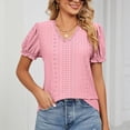 thumbnail image 2 of YYDGH Womens Lace Trim V Neck Shirts Puff Ruffle Sleeve Elegant Blouse Solid Color Fashion Casual Tunic Tops Pink L, 2 of 7