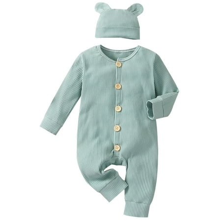 

Canrulo 2PCS Newborn Infant Baby Boy Girl Solid Color O-Neck Long Sleeve Button Jumpsuit Green 6-12 Months