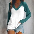 thumbnail image 2 of WREESH Womens Fashion T-Shirts V Neck Solid Color Pullover Regular Fit Long Sleeve Tops Ladies Loose Tops Casual Patchwork T-Shirts Blouse Green, 2 of 4