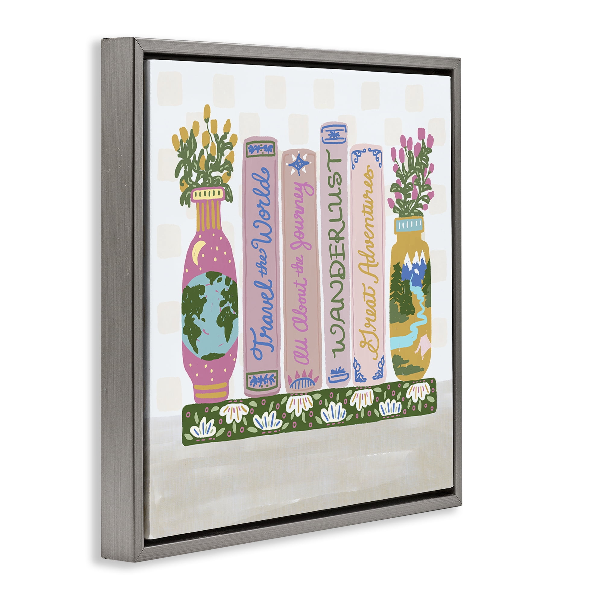 Stupell Industries Boho Travel Books Shelf Gray Framed Floater Canvas Wall Art, design by Connie Summers