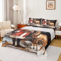 Manfei Wild Christmas Reindeer Queen Sheet Sets,Retro Santa Claus Flat Sheet,Red Berry Xmas Flower Queen Fitted Sheet For Girls Boys,Super Cozy Room Decor,4 Pieces