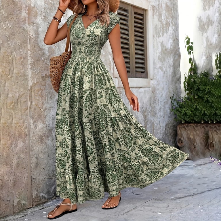 Zehjuhan Women's V-Neck Botanical Print Short Sleeve Maxi Dress, Elastic Waist Bohemian Flowy Summer Dress GreenL, Size: Large, Blue