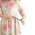 thumbnail image 5 of YM YOUMU Women V-neck Cotton Linen Floral Print Dress Half Sleeve Drawstring Loose Beach Holiday, 5 of 5