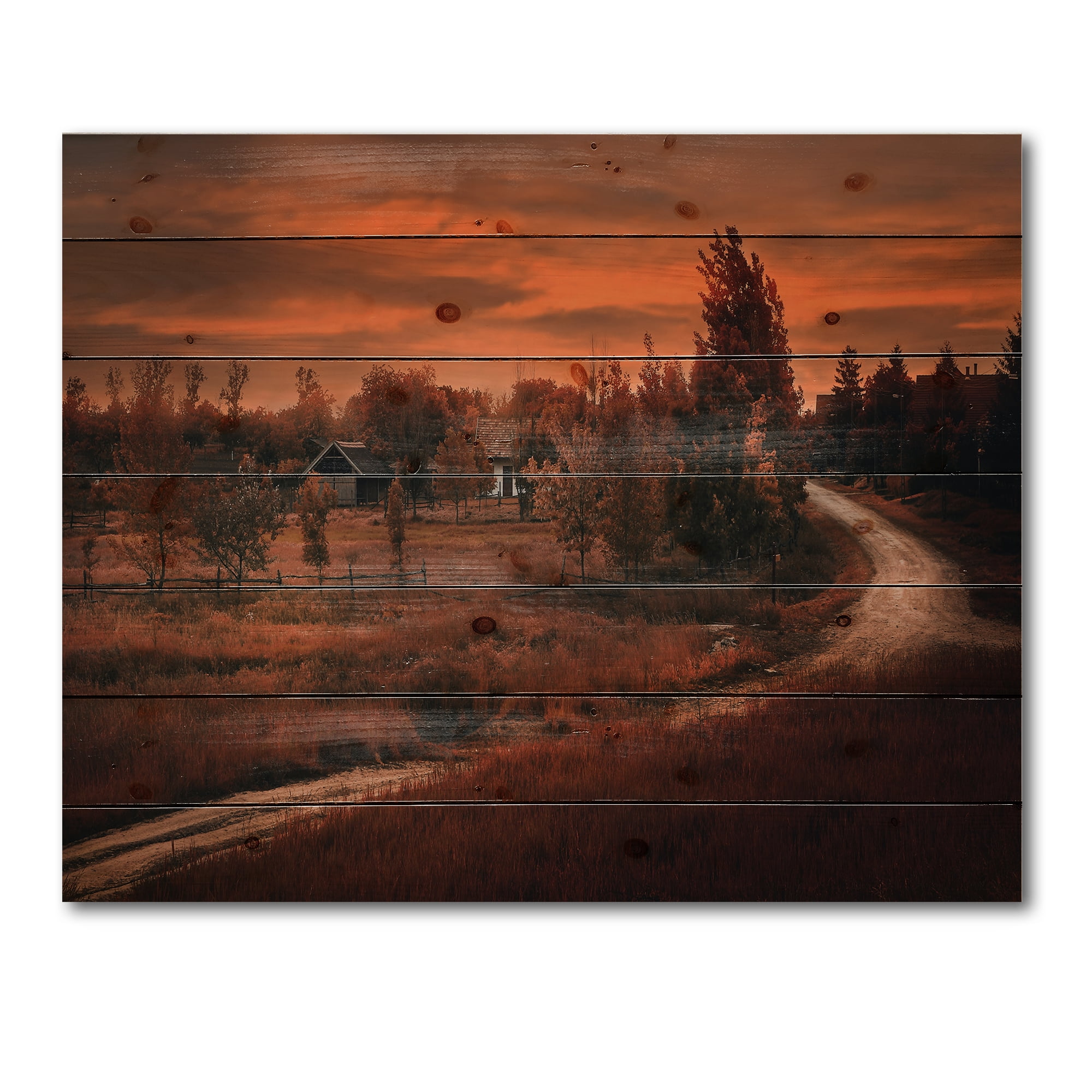 Designart 'The Road By The Farm In Dark Pink Sunset' Farmhouse Print on Natural Pine Wood