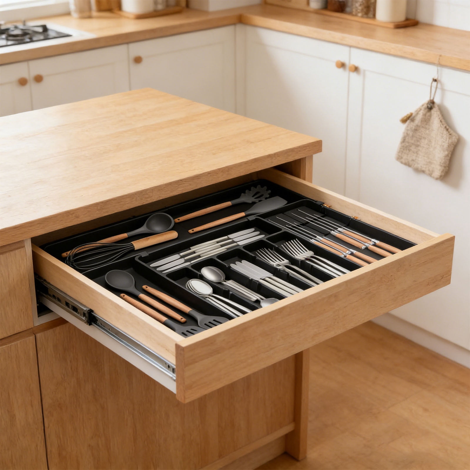 Silverware Drawer Organizer for Kitchen, Adjustable Utensil Drawer Organizer, Bpa Free Flatware and Cutlery Holder, Expandable Plastic Storage Black