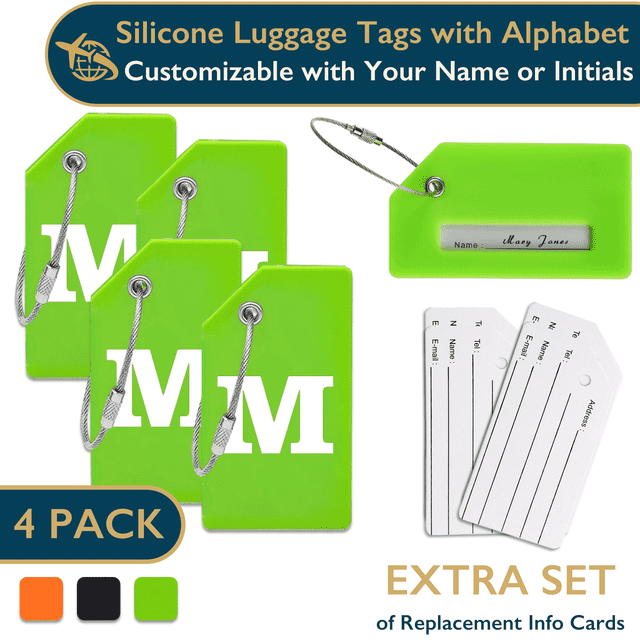 ComfiTime Luggage, Tags con Alfabeto: Maletas Tags de Silicona Aprobadas por la TSA, Bolsa de Viaje, Equipaje y Mochilas con Cubierta de Privacidad, Presilla de Acero Inox.