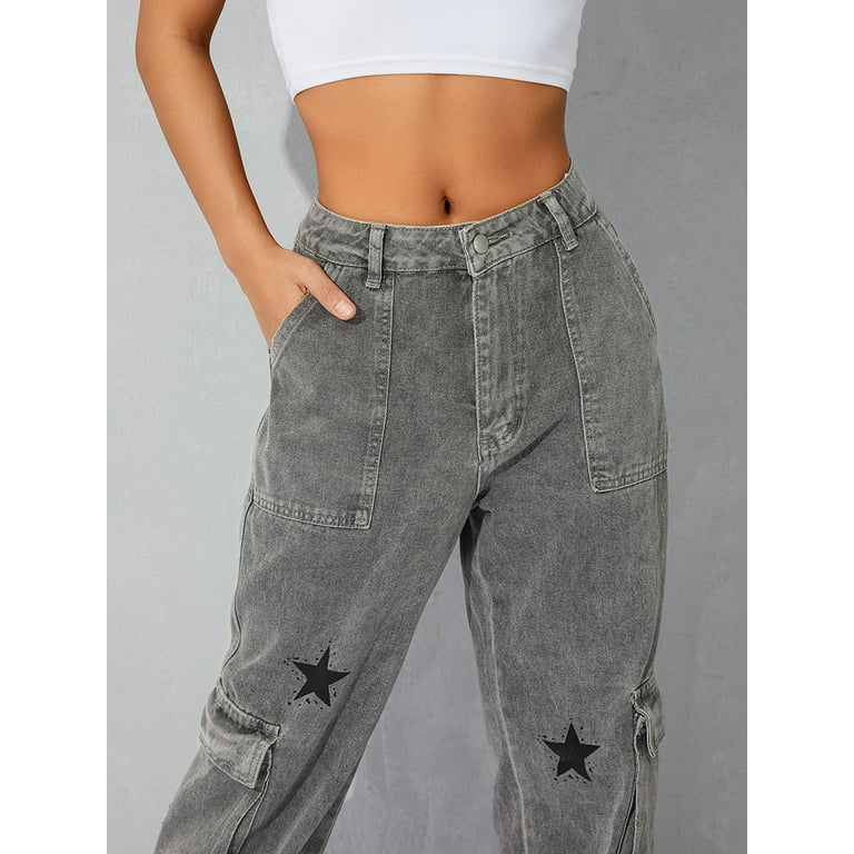 Women Y2K Low Waisted Jeans Graphic Stars Patterned Wide Leg Denim Pants  Straight Casual Loose Baggy Trousers Vintage E-Girl Streetwear