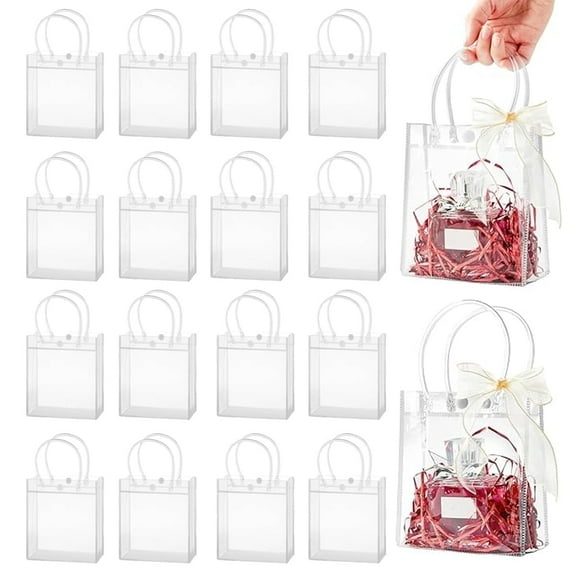 24 Pcs Clear Plastic Gift Bags with Handles Small, Reusable Party Favor Goodie Bags for Wedding Birthday Boutique Shopping  (6 x 5x 3 in)
