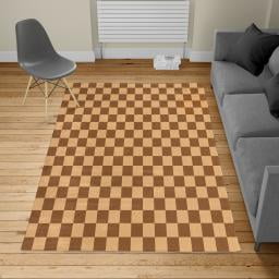 Checkers Game Turkish Area Rug, Geometric Grid Style Monochrome Squares in Traditional Game Board Design, Soft Carpet for Living Room Decor with Distressed Look, 5.2' X 7.6', Brown Beige, by Ambesonne